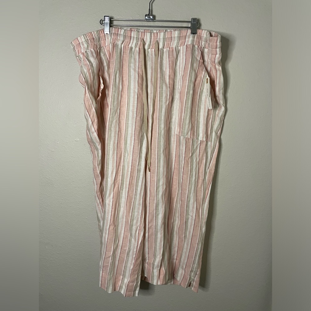 Land n Sea Linen Blend Pink & Tan Striped Wide Leg Pull-On Pants Sz 2X NWT